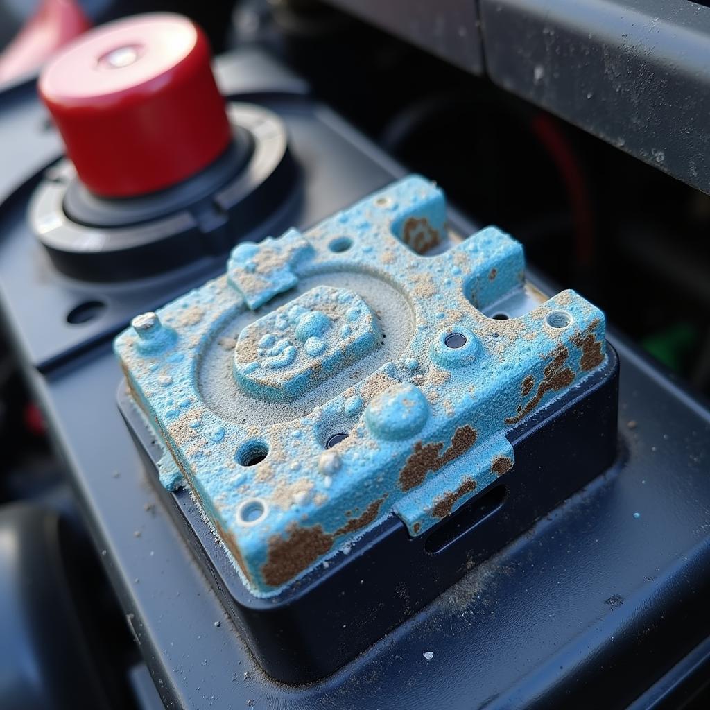 Close-up view of car battery corrosion