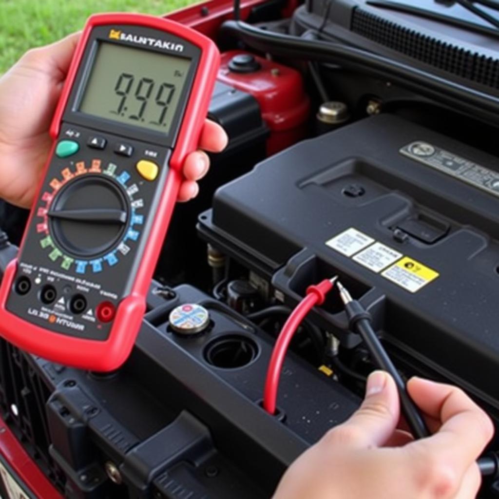 Testing a car battery with a multimeter