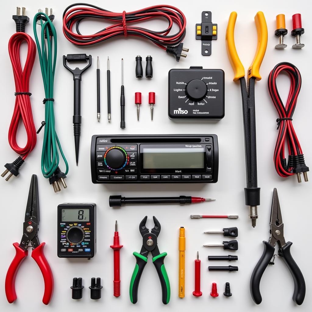 Car Radio Wiring Repair Tools: An assortment of tools commonly used for car radio wiring repairs, including wire strippers, crimpers, and multimeters.