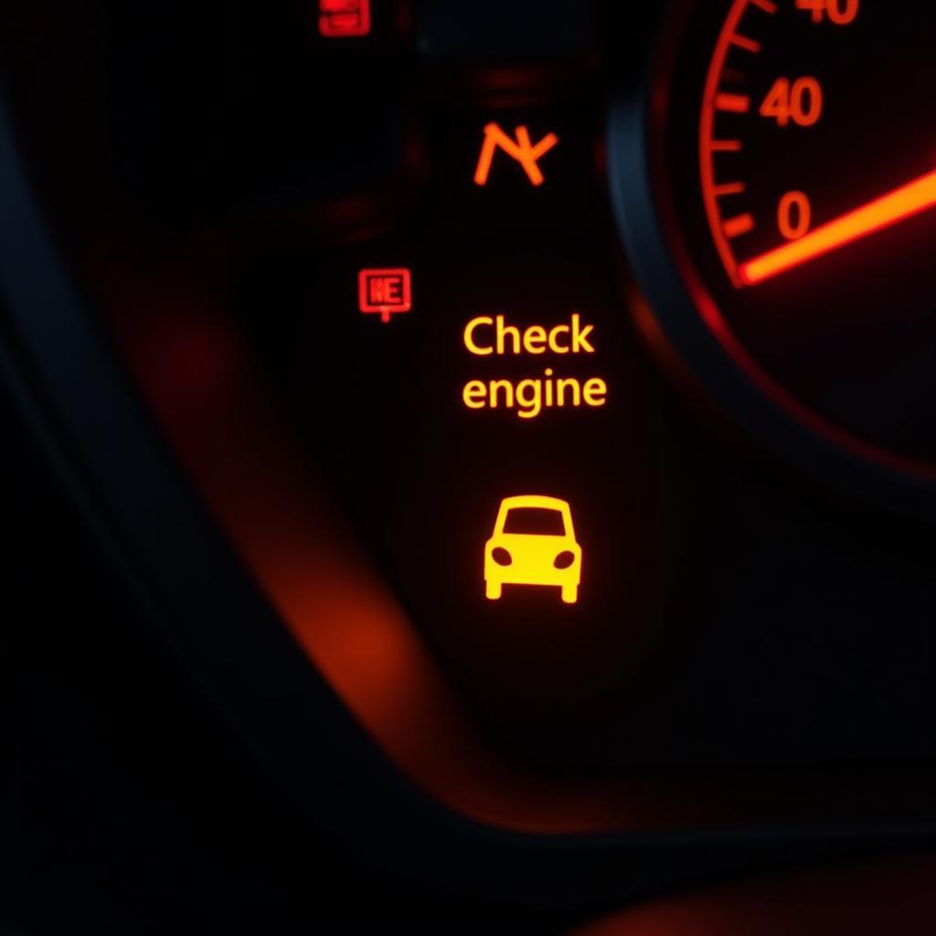 Check engine light illuminated on a car dashboard after a jump start.