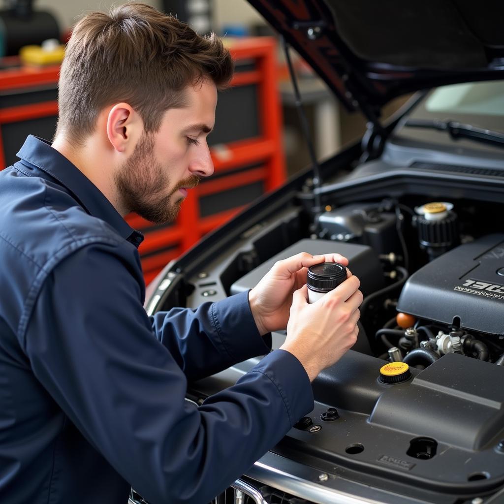 Mechanic Checking Brake Fluid Reservoir