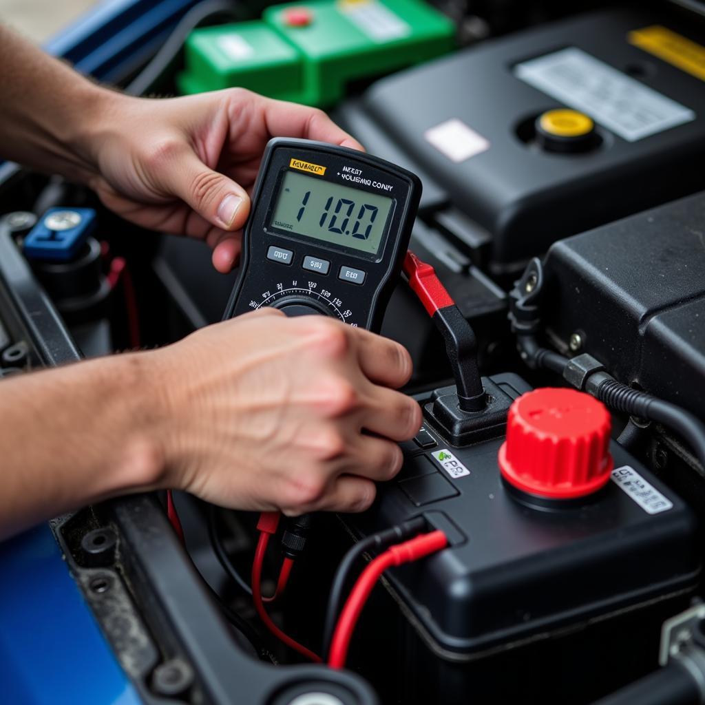 Mechanic Checking Car Battery Voltage with Multimeter