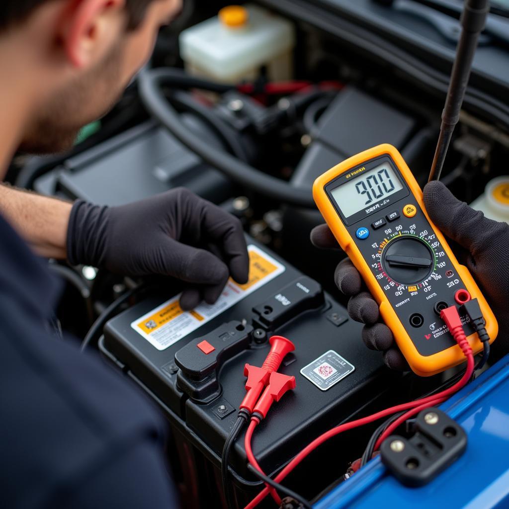 Mechanic Checks Car Battery Voltage with Multimeter