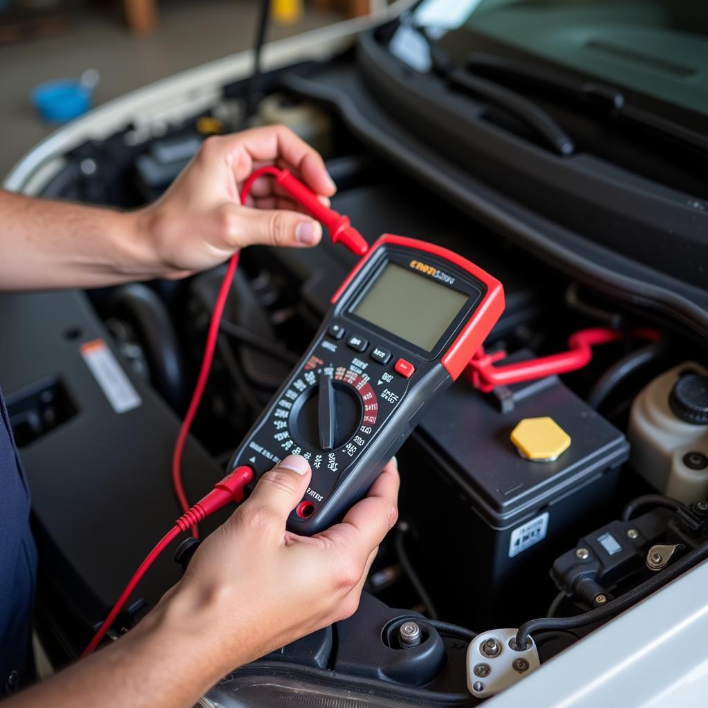 Mechanic Checking Car Battery With Multimeter