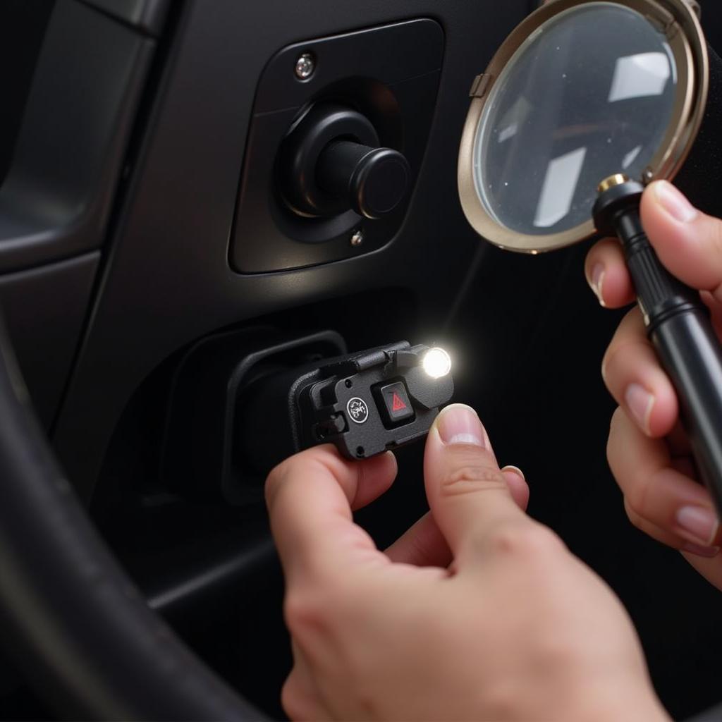 Close-up view of a mechanic's hand inspecting the ignition switch of a 2011 Chevy Traverse.