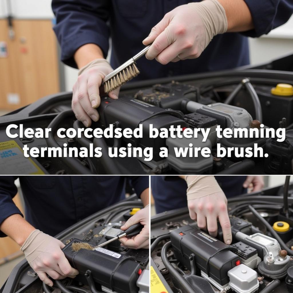 Cleaning Corroded Battery Terminals: A person is using a wire brush to clean the corroded terminals of a car battery.  Safety glasses and gloves are worn for protection.