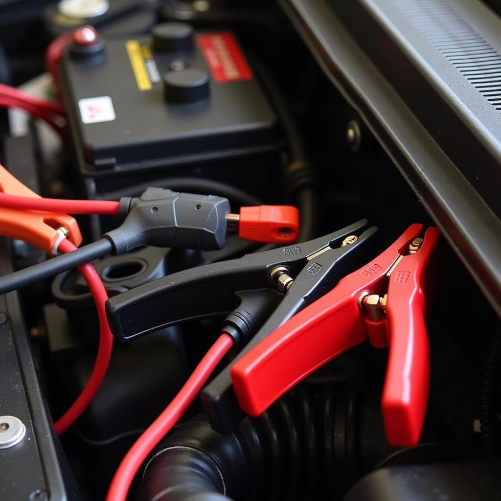 Car Battery Jumper Cables Connected to a Dead Battery