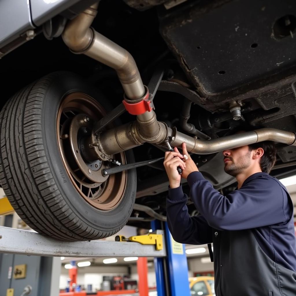 Diagnosing BMW 335i Exhaust Issues: A Mechanic Inspecting the Undercarriage