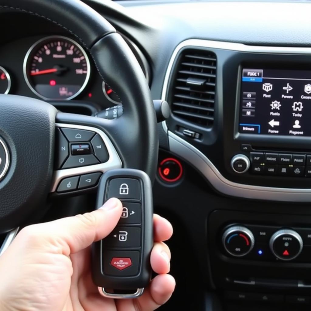 Programming a 2016 Jeep Cherokee Key Fob:  A hand holding a 2016 Jeep Cherokee key fob near the ignition switch, illustrating the process of programming the key fob to the vehicle.