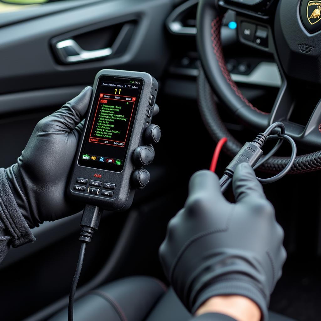 Technician Using a Lamborghini Diagnostic Tool