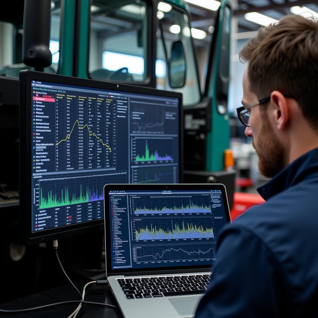 Mechanic Analyzing Data from Mercedes Truck Diagnostic Software