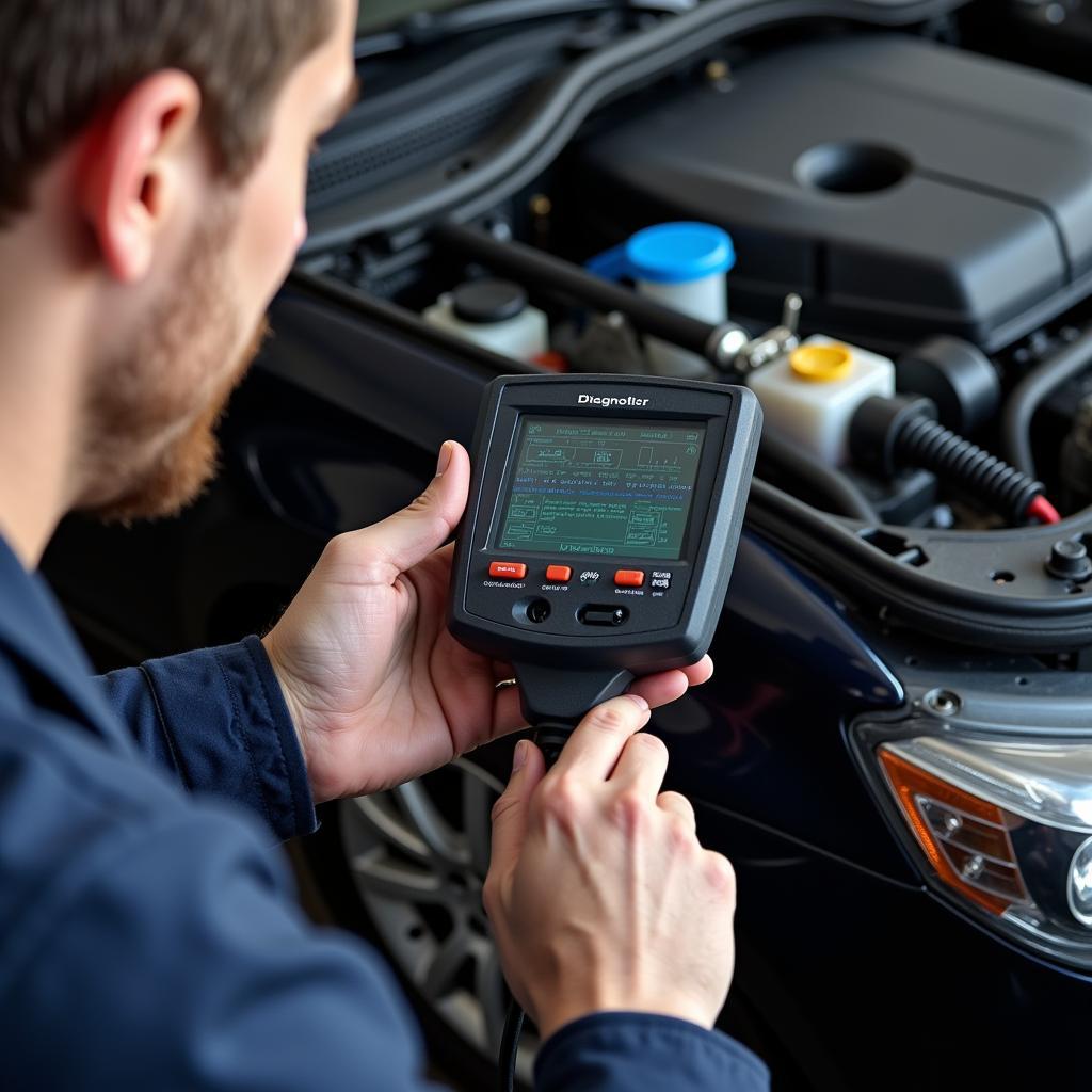 Mechanic Checking Car Engine with Diagnostic Tool