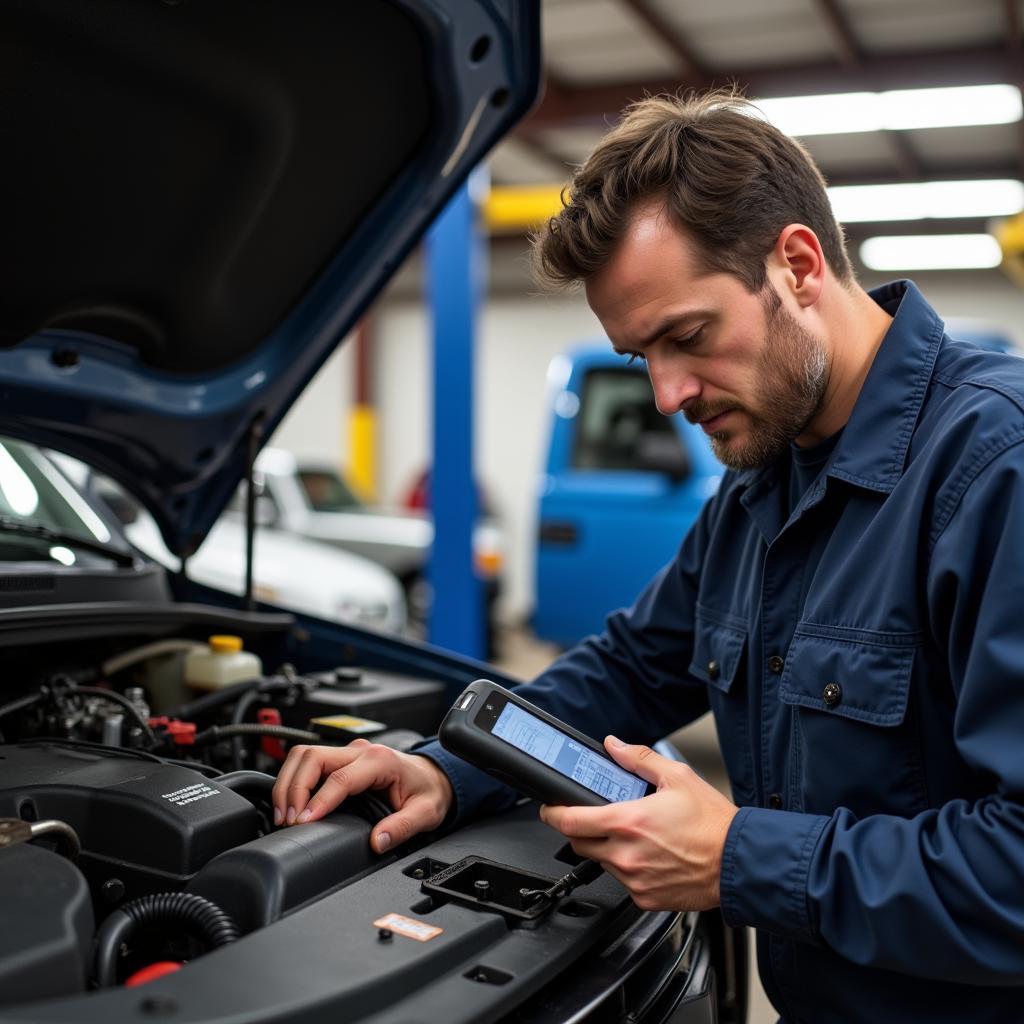 Mechanic checking truck's electrical system: A mechanic uses diagnostic equipment to troubleshoot a truck's electrical system.