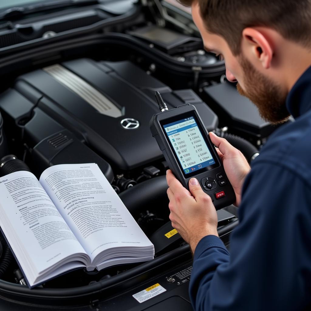 Mechanic Diagnosing a Mercedes Engine Problem Using a Scanner and Repair Manual