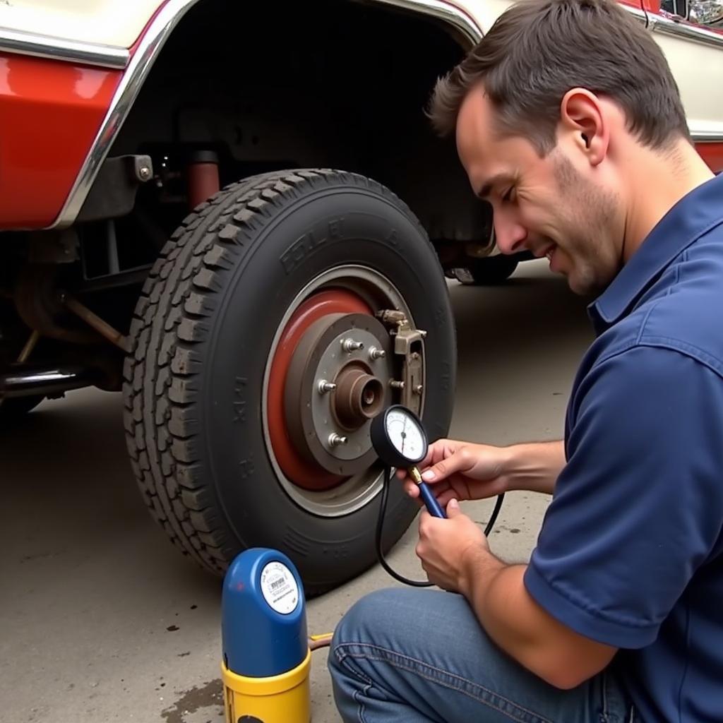 Mechanic Inspecting 1975 Ford F100 Brakes