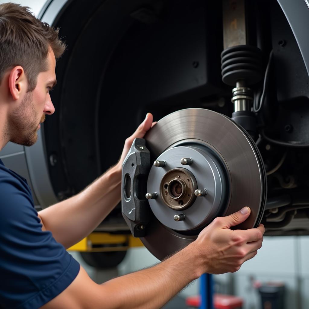 Mechanic Performing Brake Inspection