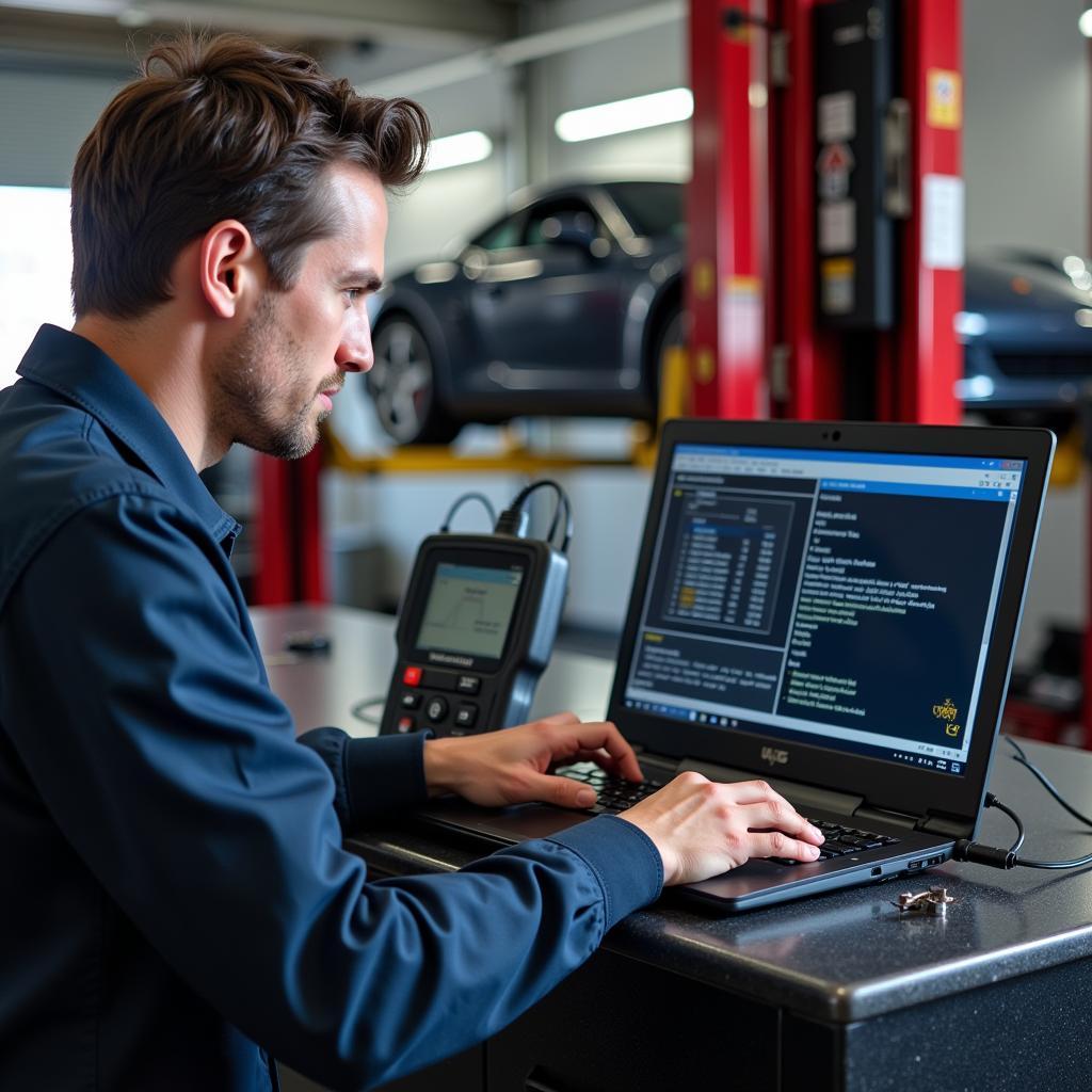 Mechanic Performing a Full Diagnostic Porsche Scan using PIWIS Tester