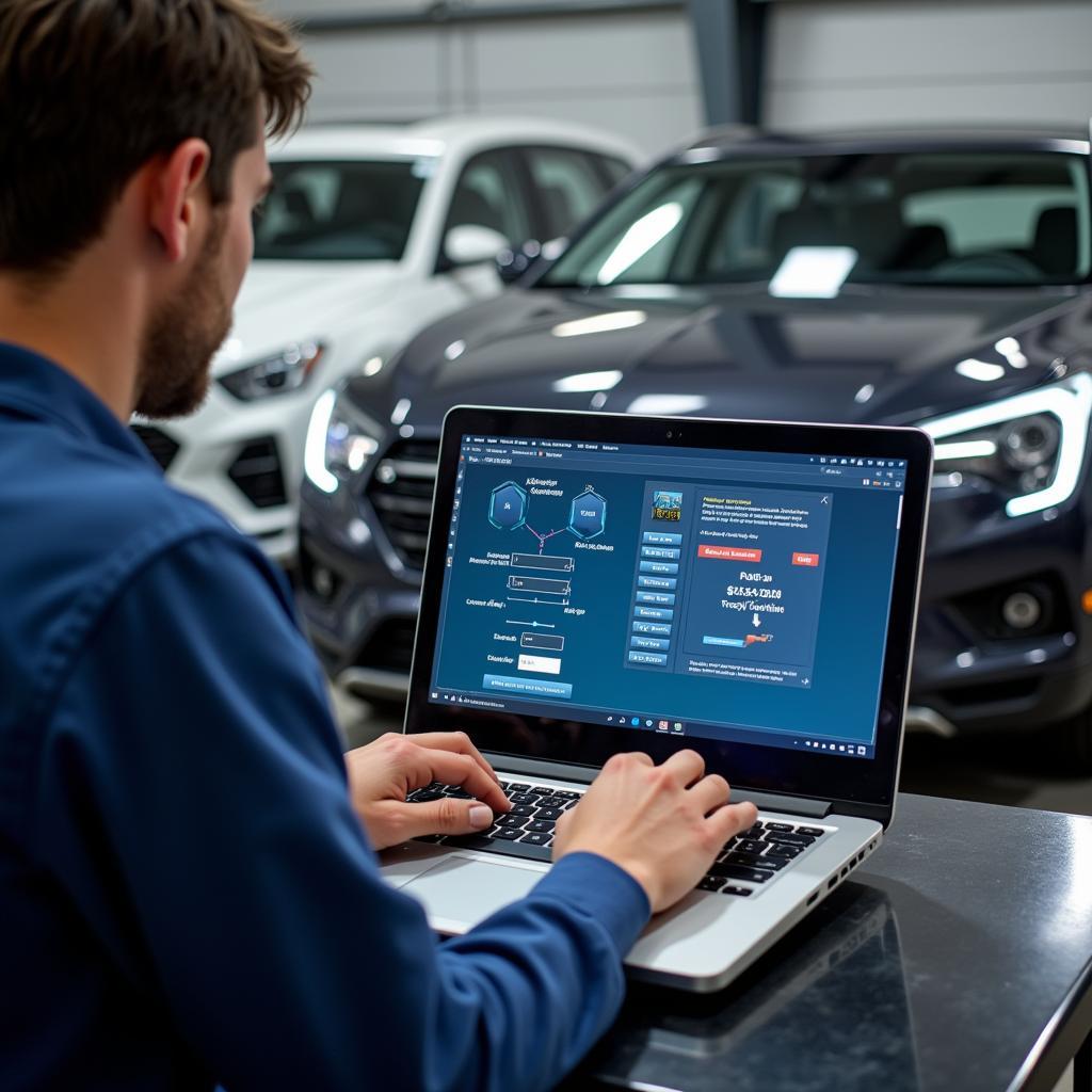 Mechanic using a laptop to perform remote diagnostics on a car