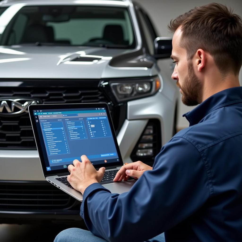 Mechanic Performing Remote Diagnostics on a Vehicle