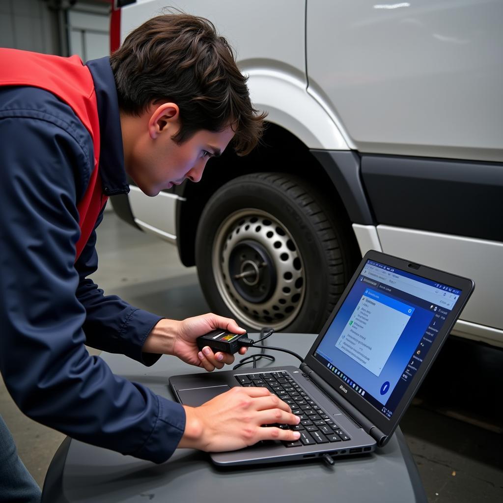 Mechanic Performing Remote Diagnostics on a Sprinter Van