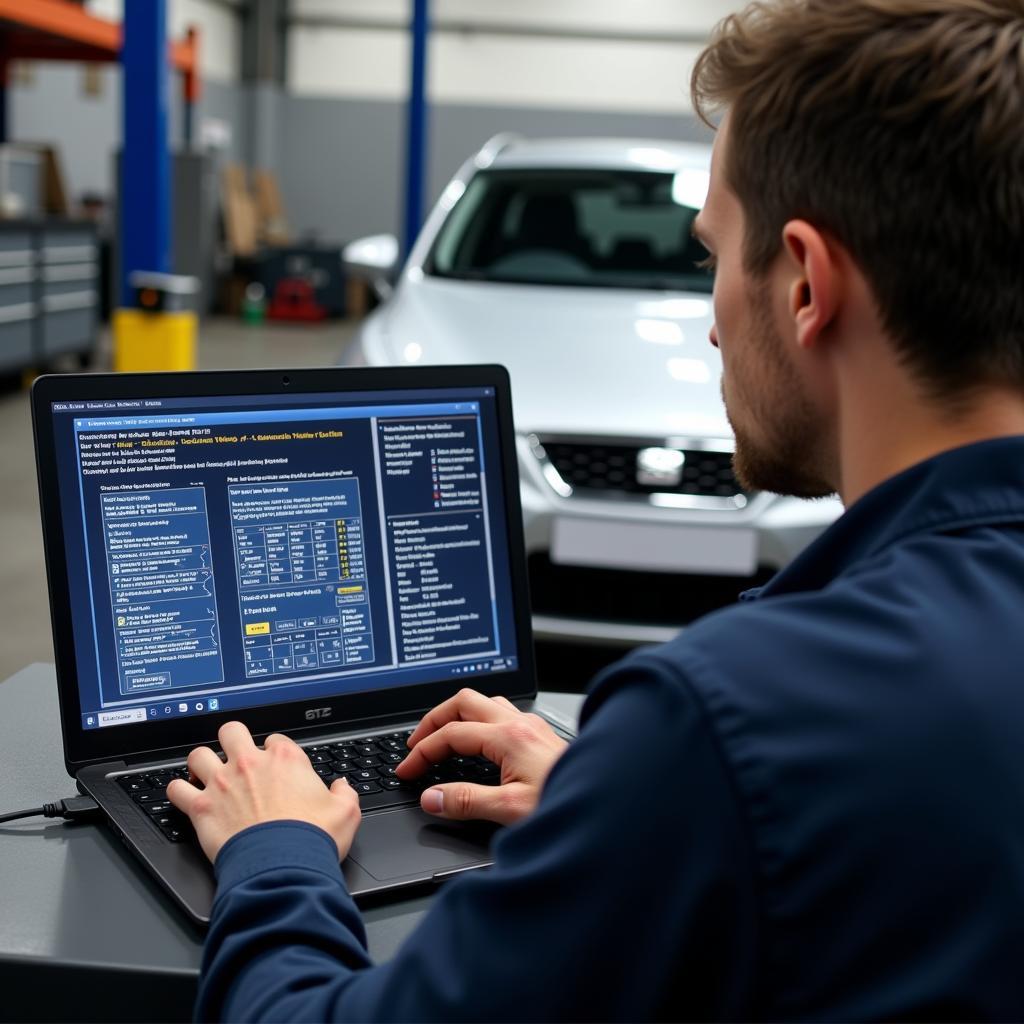 Mechanic Remotely Diagnosing Seat Leon Using Laptop