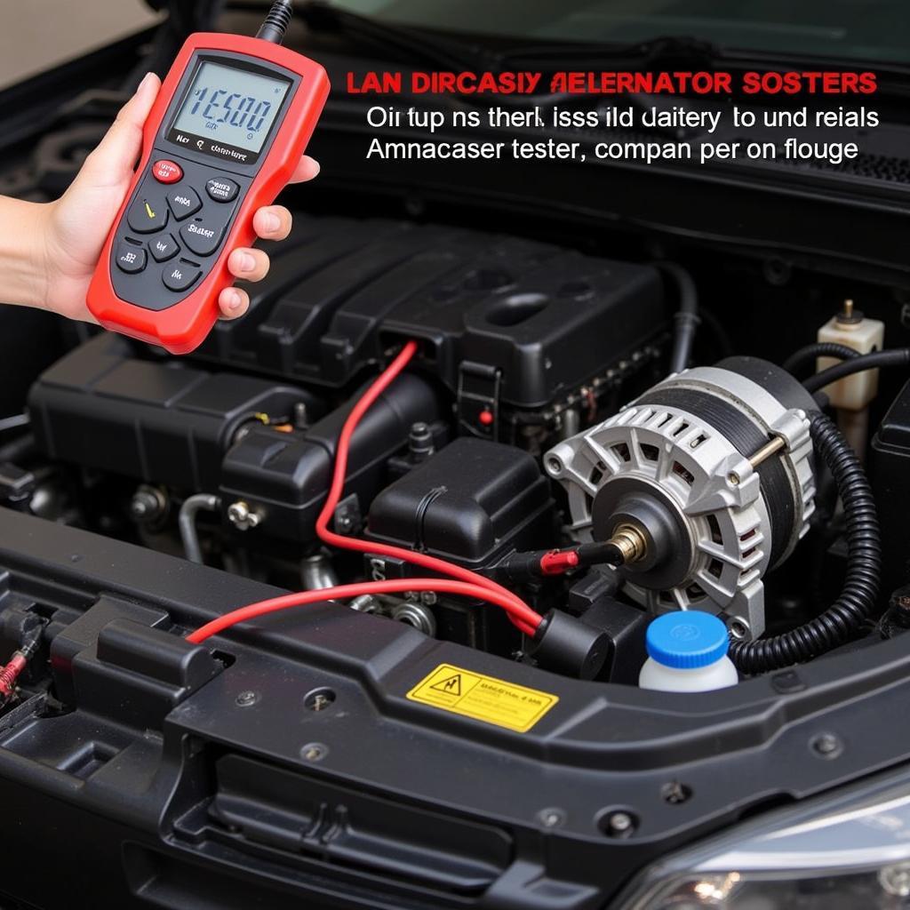 Mechanic testing a car alternator with a specialized tool.