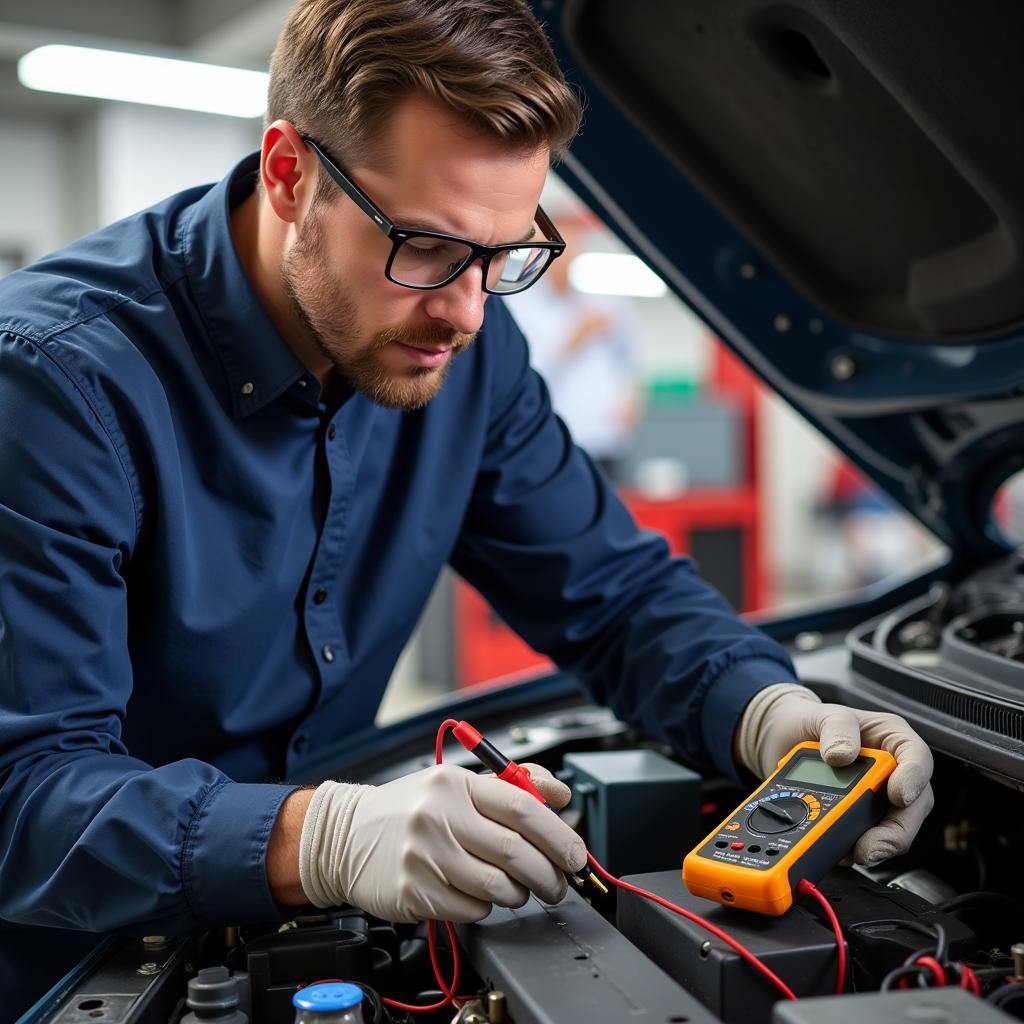 Mechanic Testing Car Battery