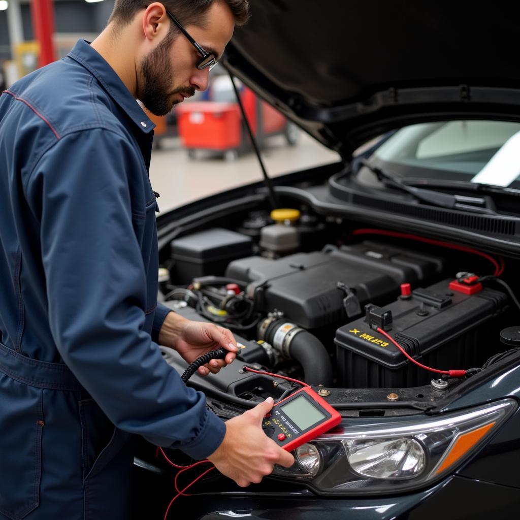 Mechanic Testing Car Battery with Multimeter