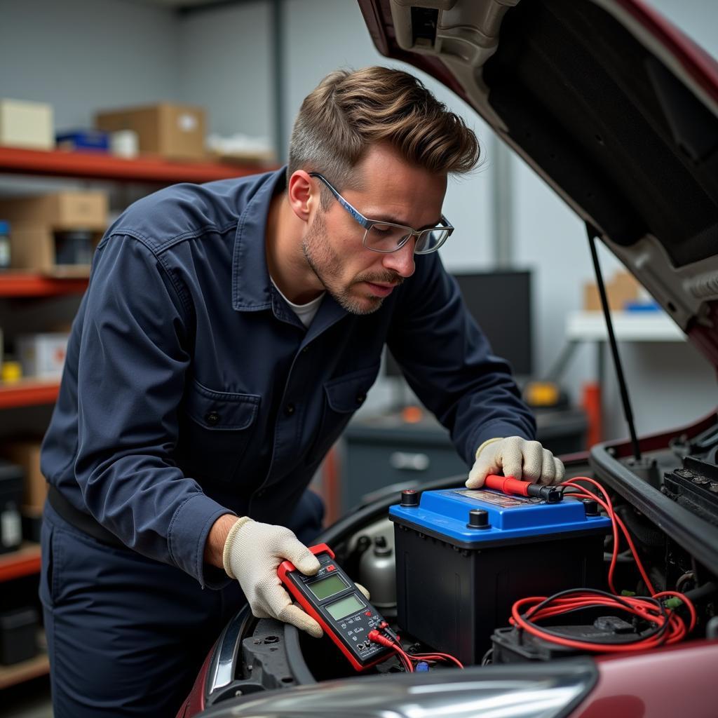 Mechanic Testing Car Battery with Multimeter