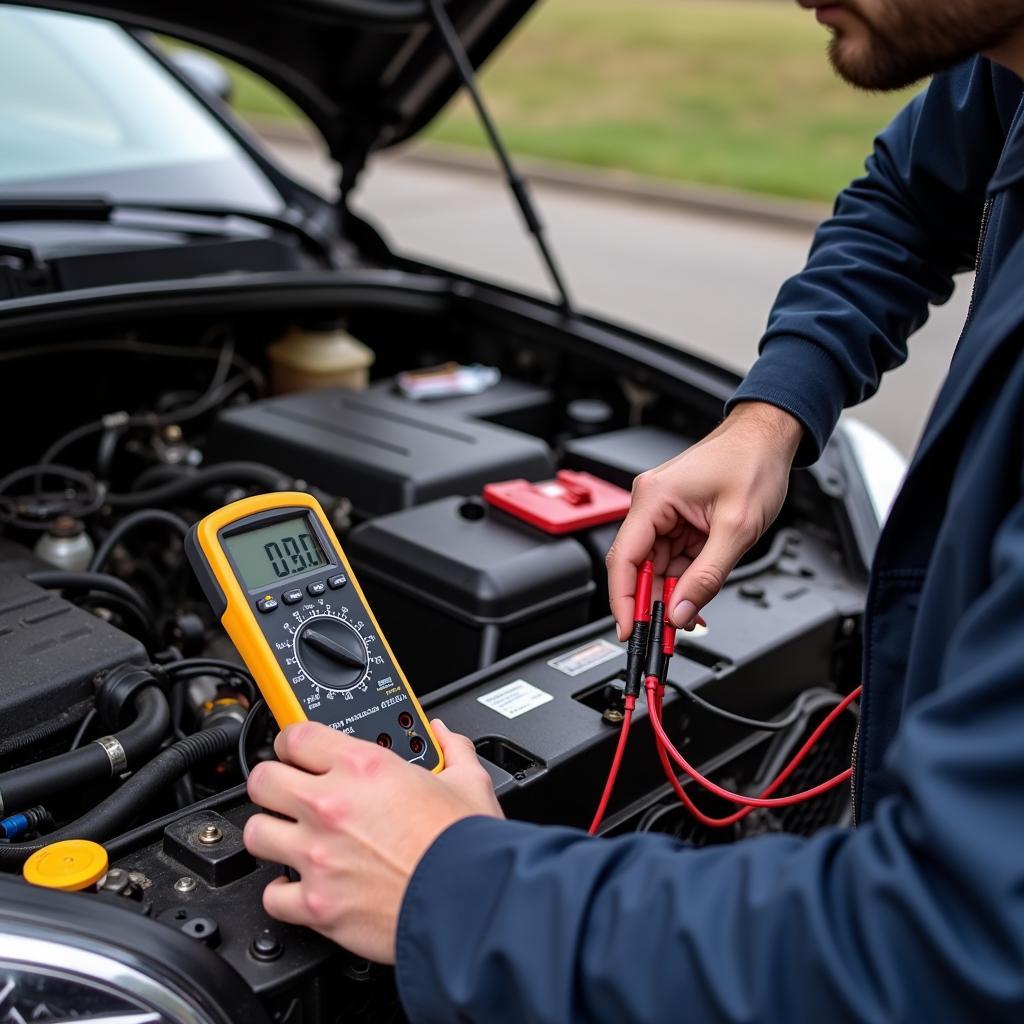 Mechanic Using Multimeter to Check for Parasitic Battery Drain