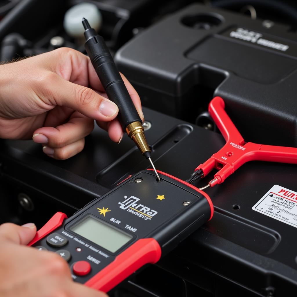 Mechanic Testing Car Battery with Multimeter