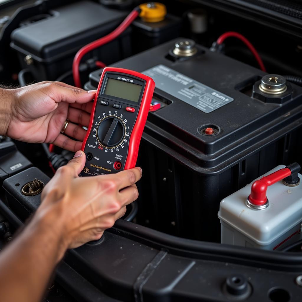 Mechanic Testing Car Battery with Multimeter