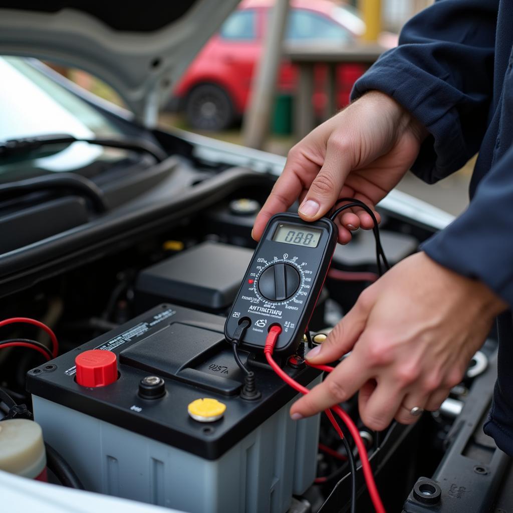 Mechanic Testing Car Battery with Multimeter