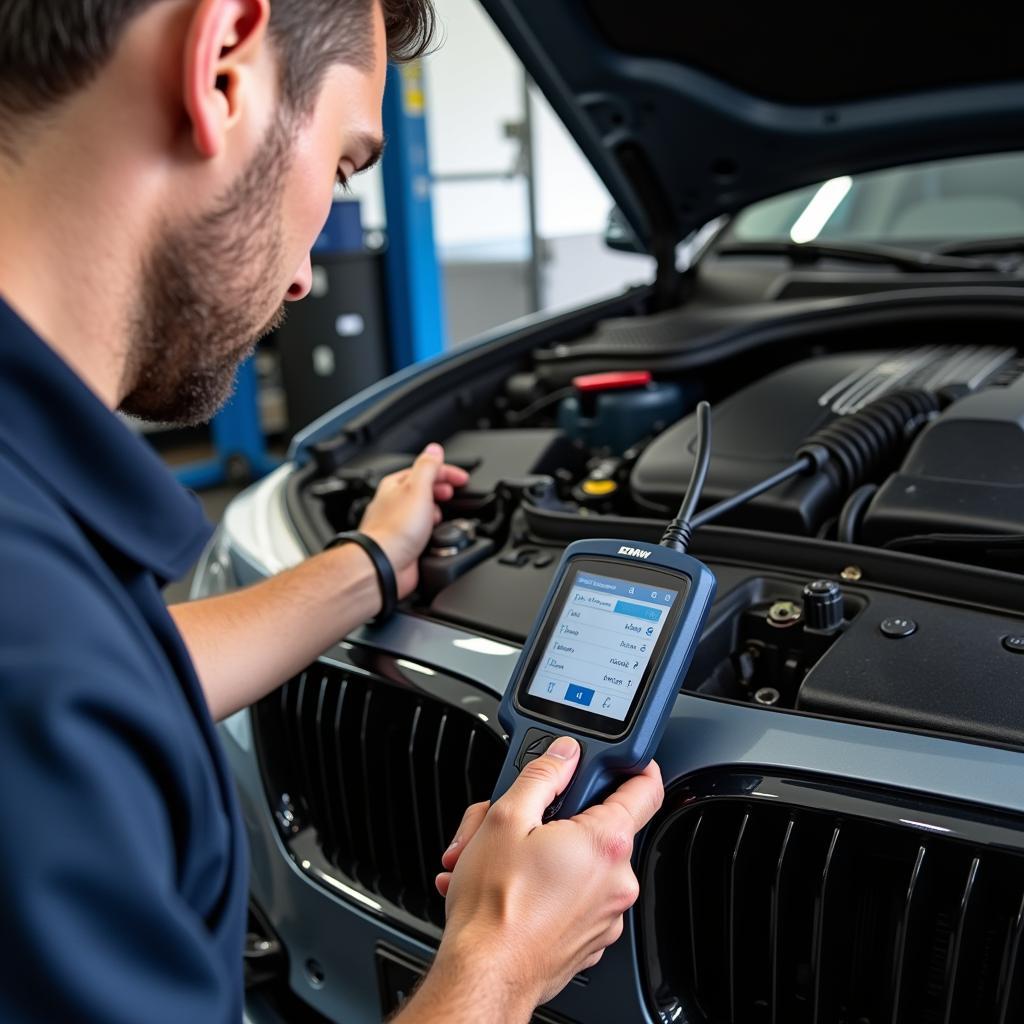 Mechanic Using Diagnostic Tool on BMW