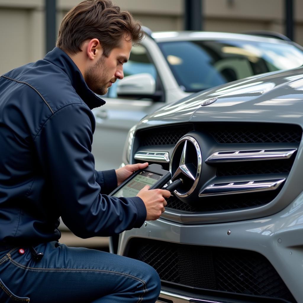 Mechanic Using a Professional Diagnostic Tool on a Mercedes Benz