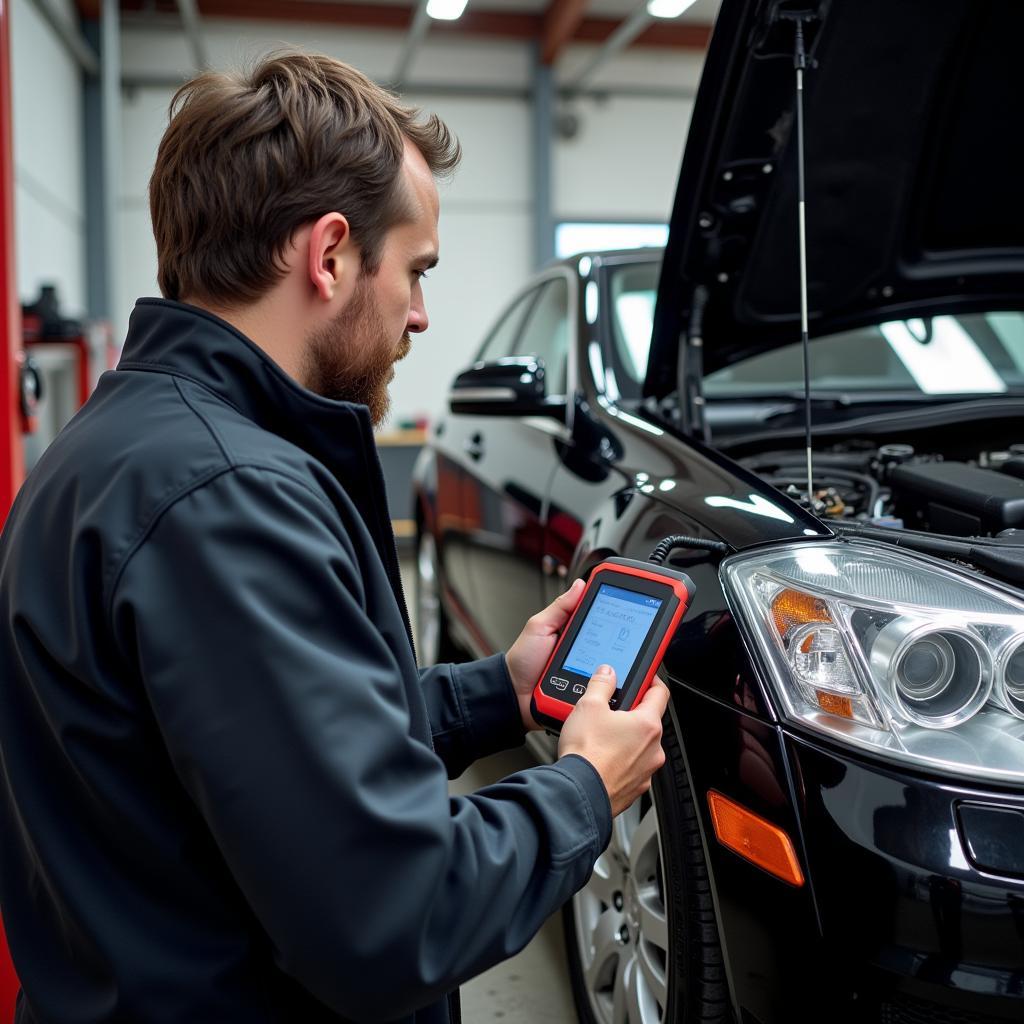 Mechanic using a scanner tool to diagnose a Mercedes S430