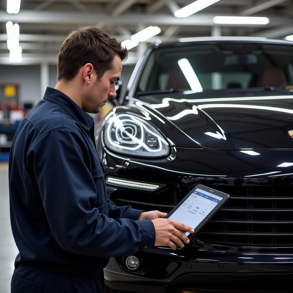 Mechanic Using Schwaben Scan Tool on Porsche Cayenne