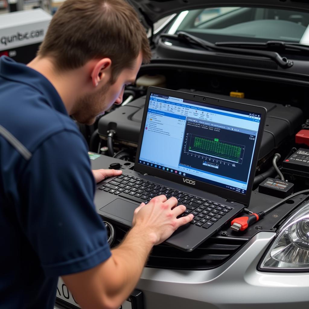 Mechanic Using VCDS Cable for Diagnostics