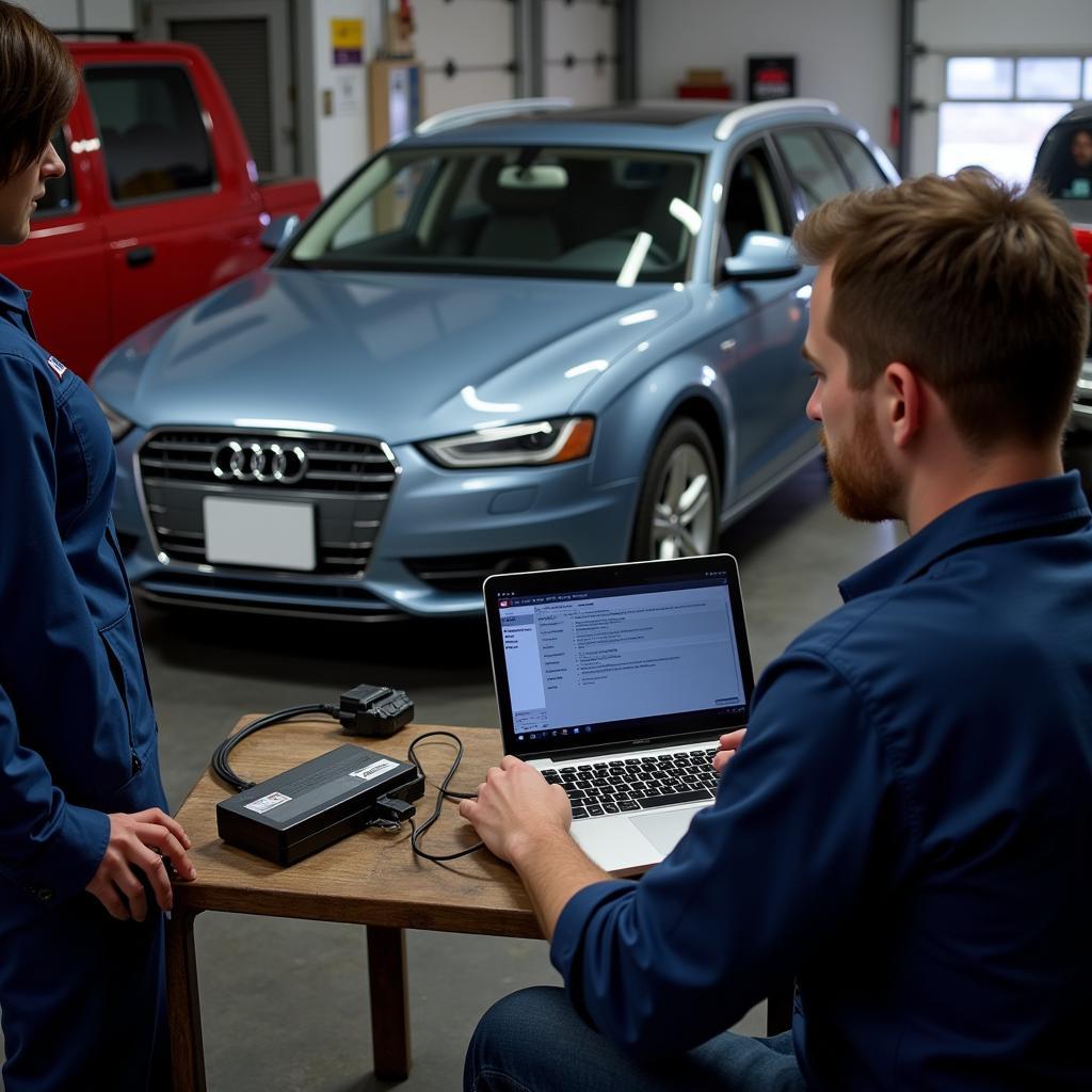 Mechanic Diagnosing a Car with a VCDS Device