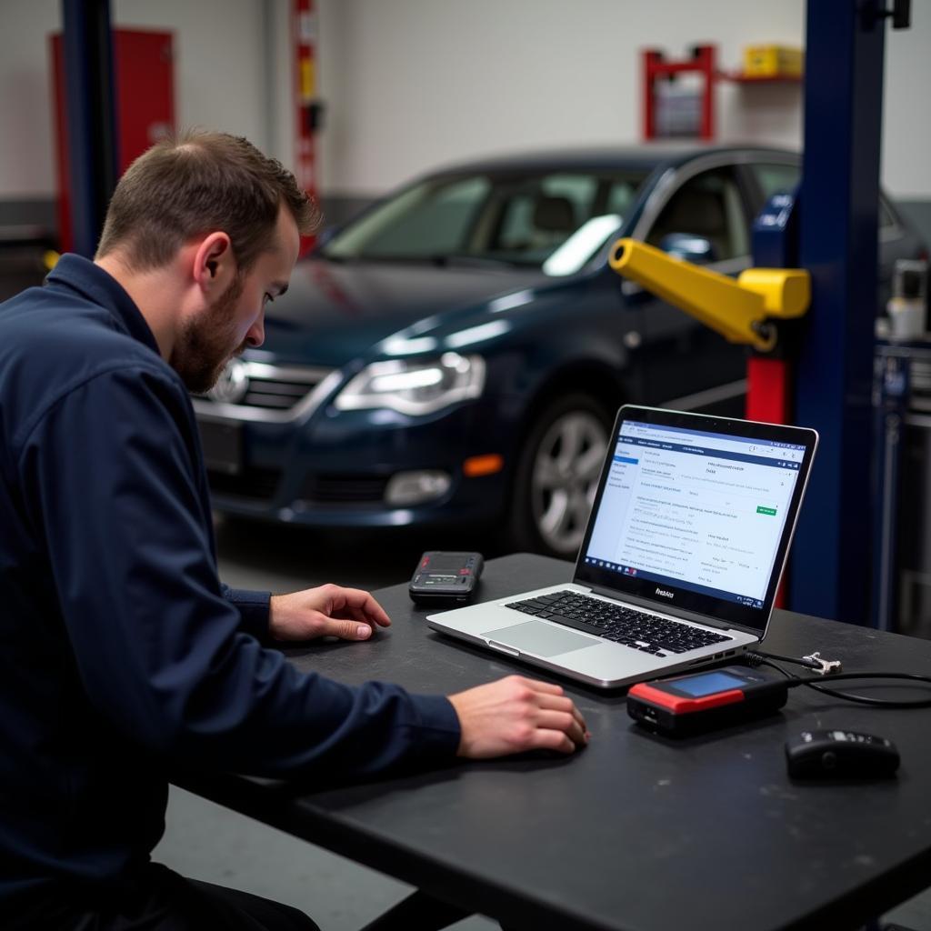 A mechanic using the VCDS HEX-V2 to diagnose a car problem.