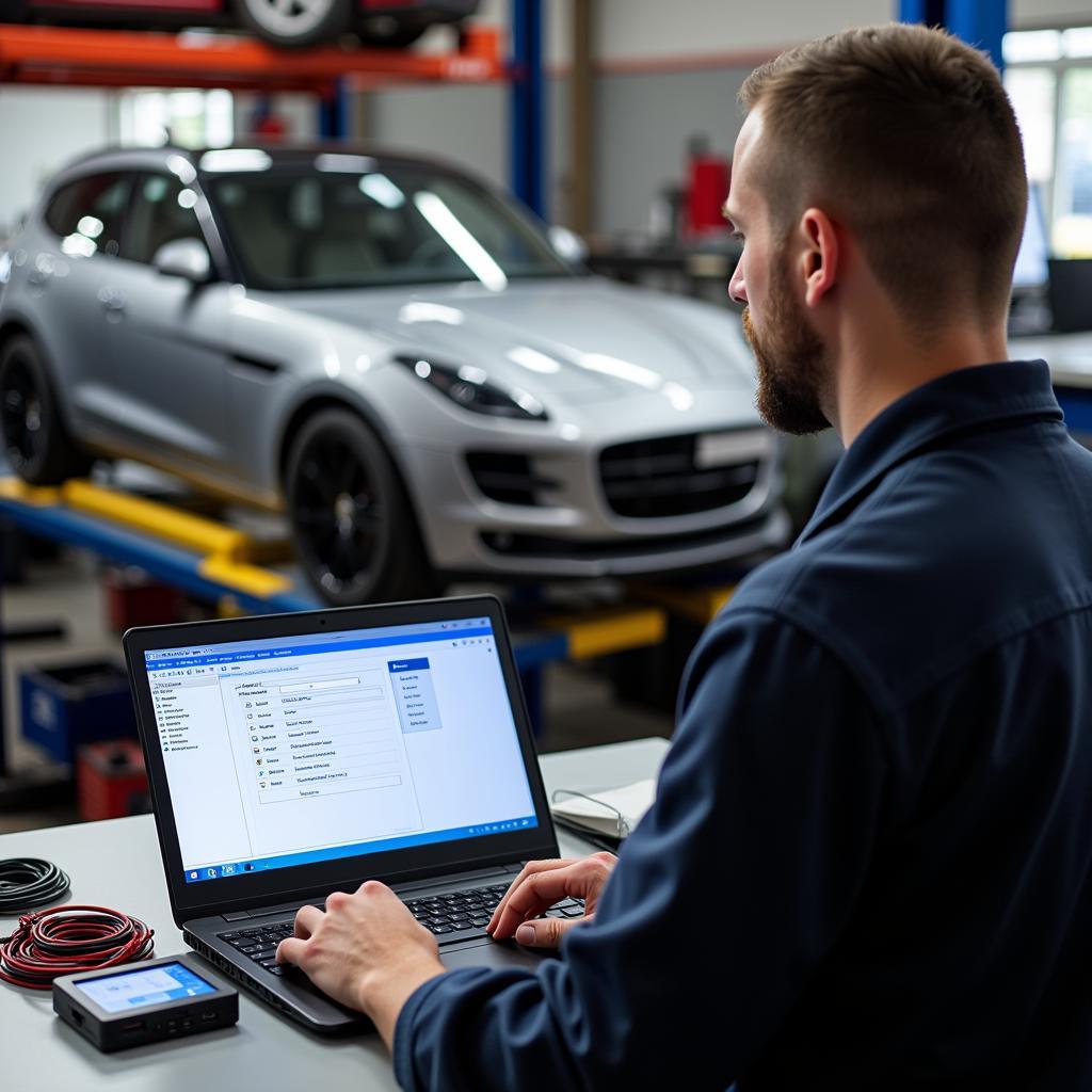 Mechanic using VCDS HEX-V2 to diagnose a car in a workshop