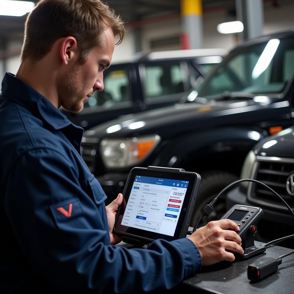 Mechanic Using VCDS on iPad in Workshop