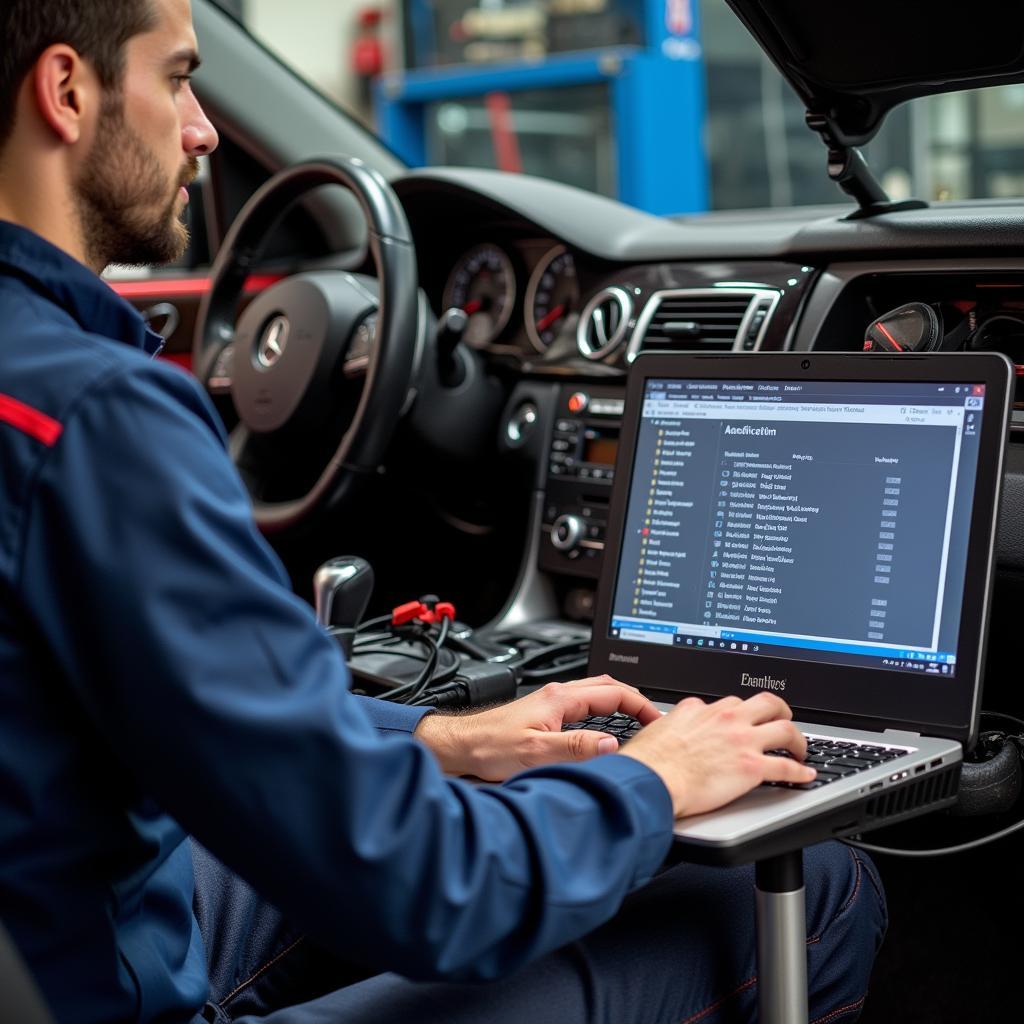 Mechanic Using VCDS to Perform Adaptations on a Car