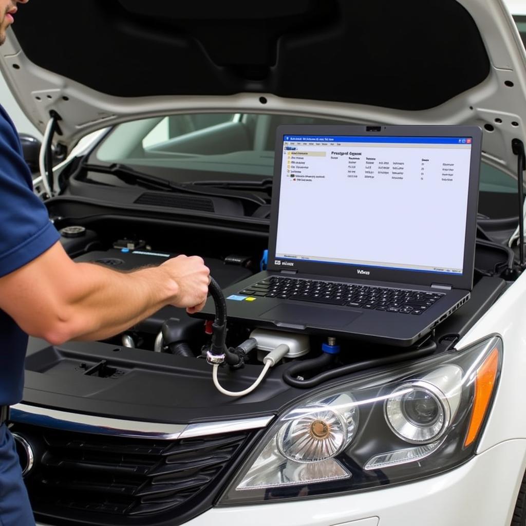 A mechanic uses the VCDS scan tool to diagnose a car in a workshop.