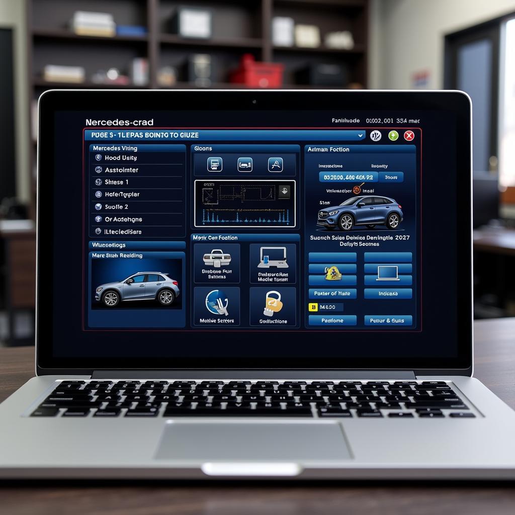 Diagnostic software interface on a laptop connected to a Mercedes Benz