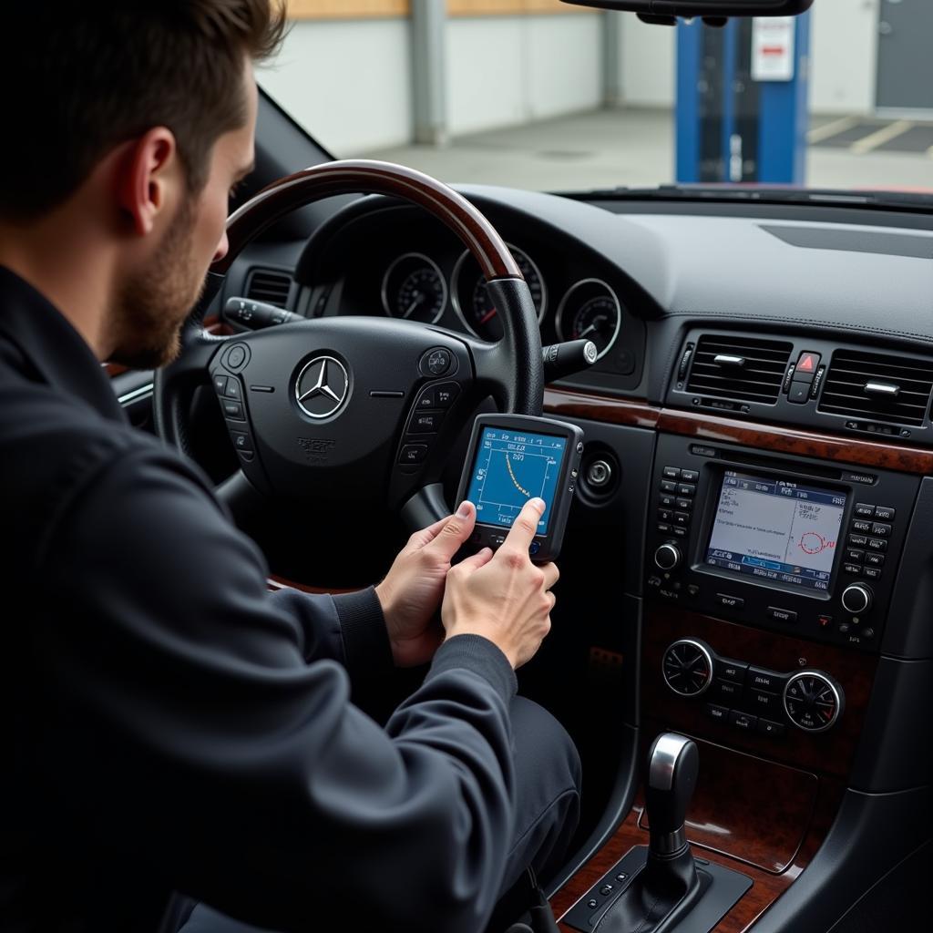 Mercedes-Benz Technician Using Diagnostic Equipment to Troubleshoot a Dashboard Problem on a 2005 E500