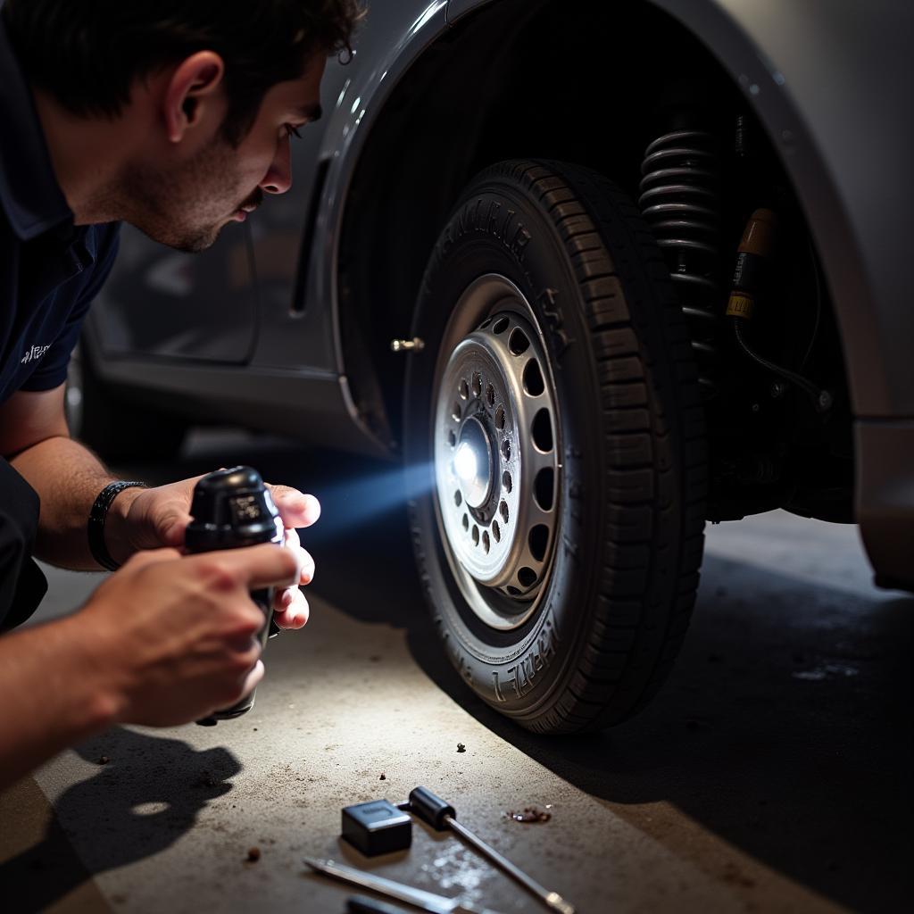 Mechanic inspecting a Mercedes-Benz spring perch for rust and damage.