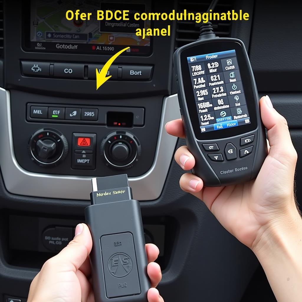 Connecting an OBD-II scanner to a Mercedes Sprinter diagnostic port.