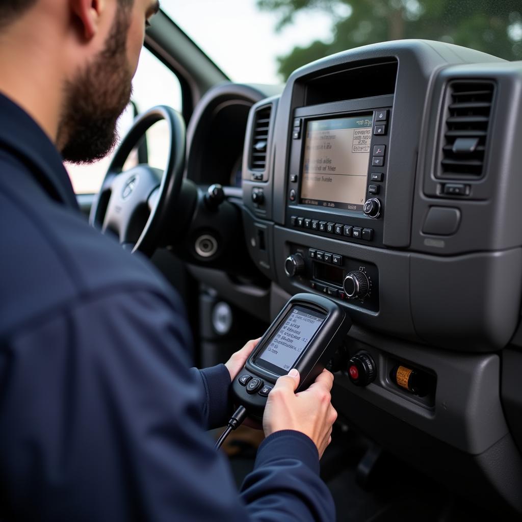 Mechanic Using OBD2 Scanner on Mercedes Sprinter Van for Diagnostic Check