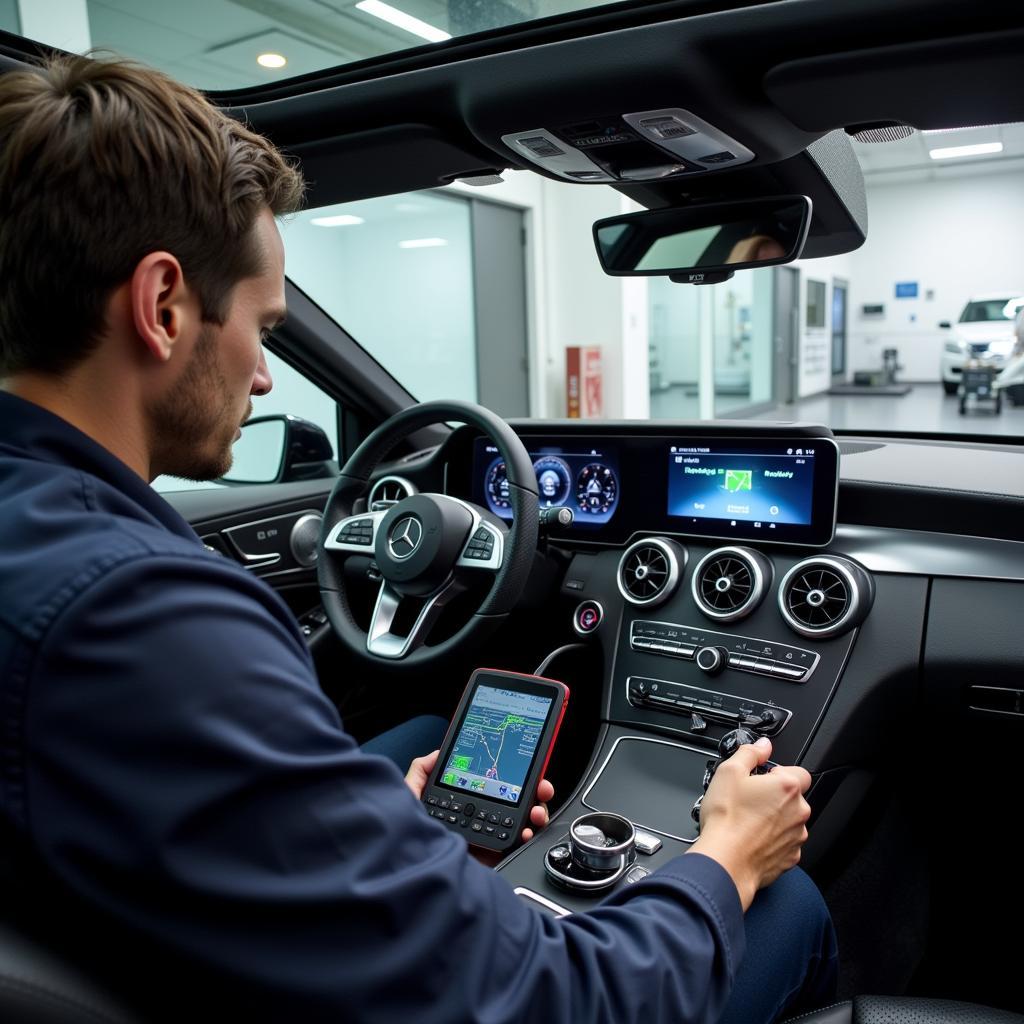 Mercedes Technician Diagnosing Navigation System